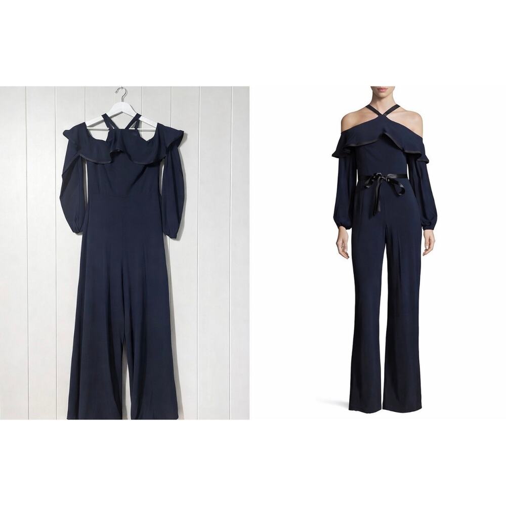 Alexis Jumpsuit Blue Halter Cutout Wide Leg Long Sleeve Size L
